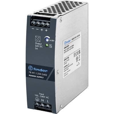 Strieborná a čierna jednotka elektronického napájacieho zdroja s nálepkou „finder". Zobrazuje podrobnosti o vstupnom/výstupnom napätí, vhodná na priemyselné použitie.