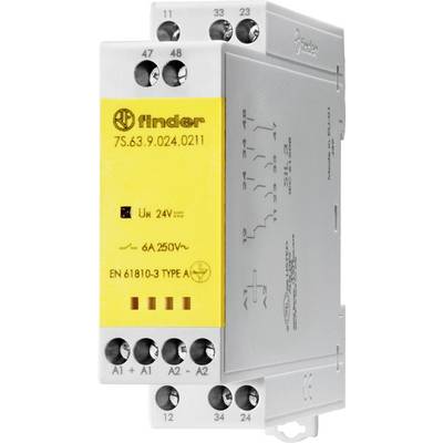 „Relé typu Finder Type A" so špecifikovanými elektrickými parametrami: 6A 250V~, napätie cievky 24V. Obsahuje schémy zapojenia a certifikácie bezpečnosti.