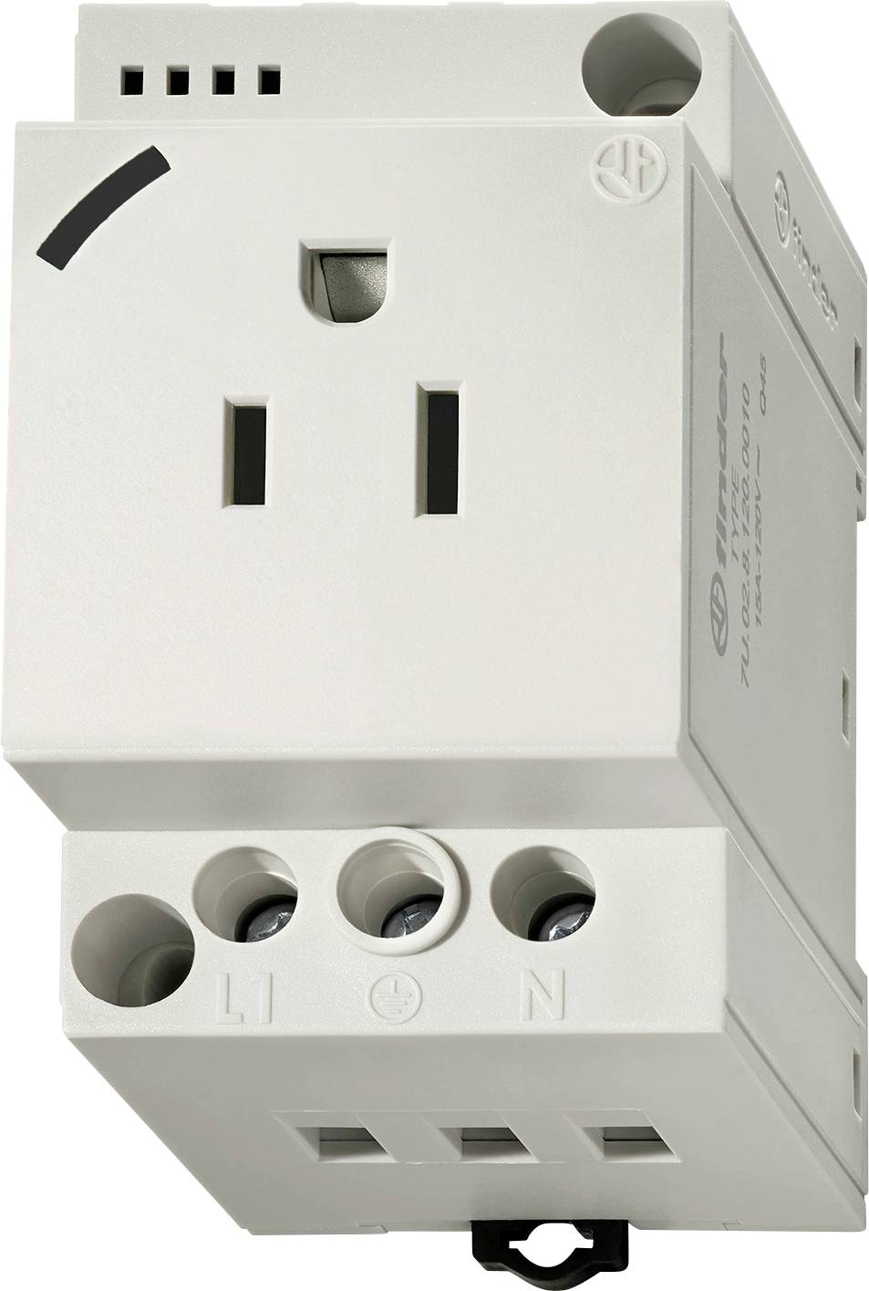 Biela elektrická nástenná zásuvka s konektorom a svorkami označenými "L1" a "N" na elektrickú inštaláciu, určená na montáž na stenu.