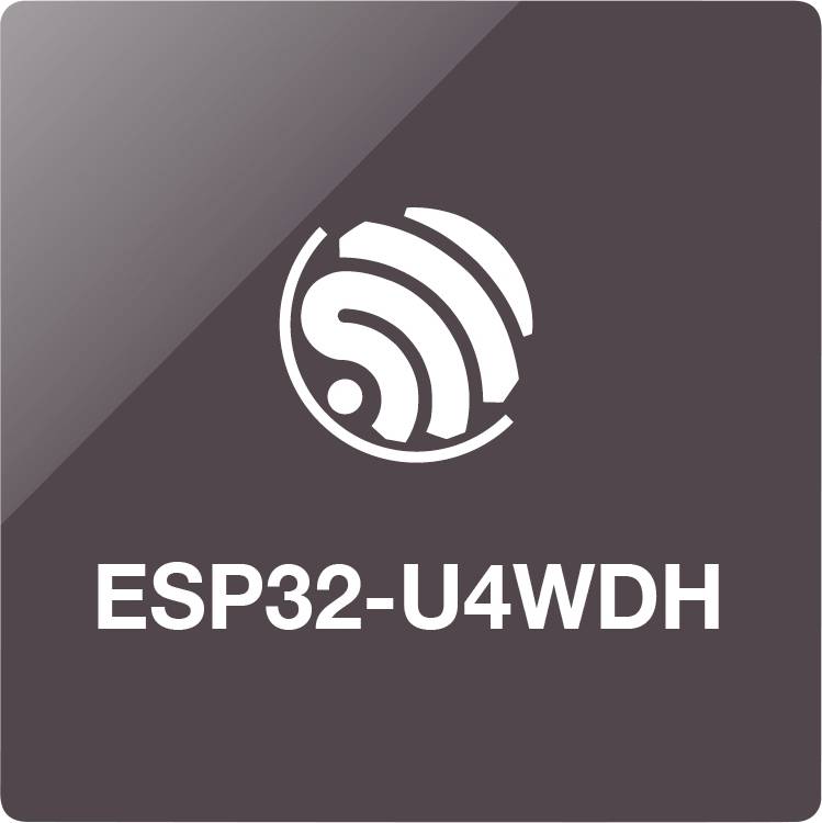 Biely symbol podobný ikone Wi-Fi nad textom „ESP32-U4WDH" na tmavom štvorcovom pozadí.