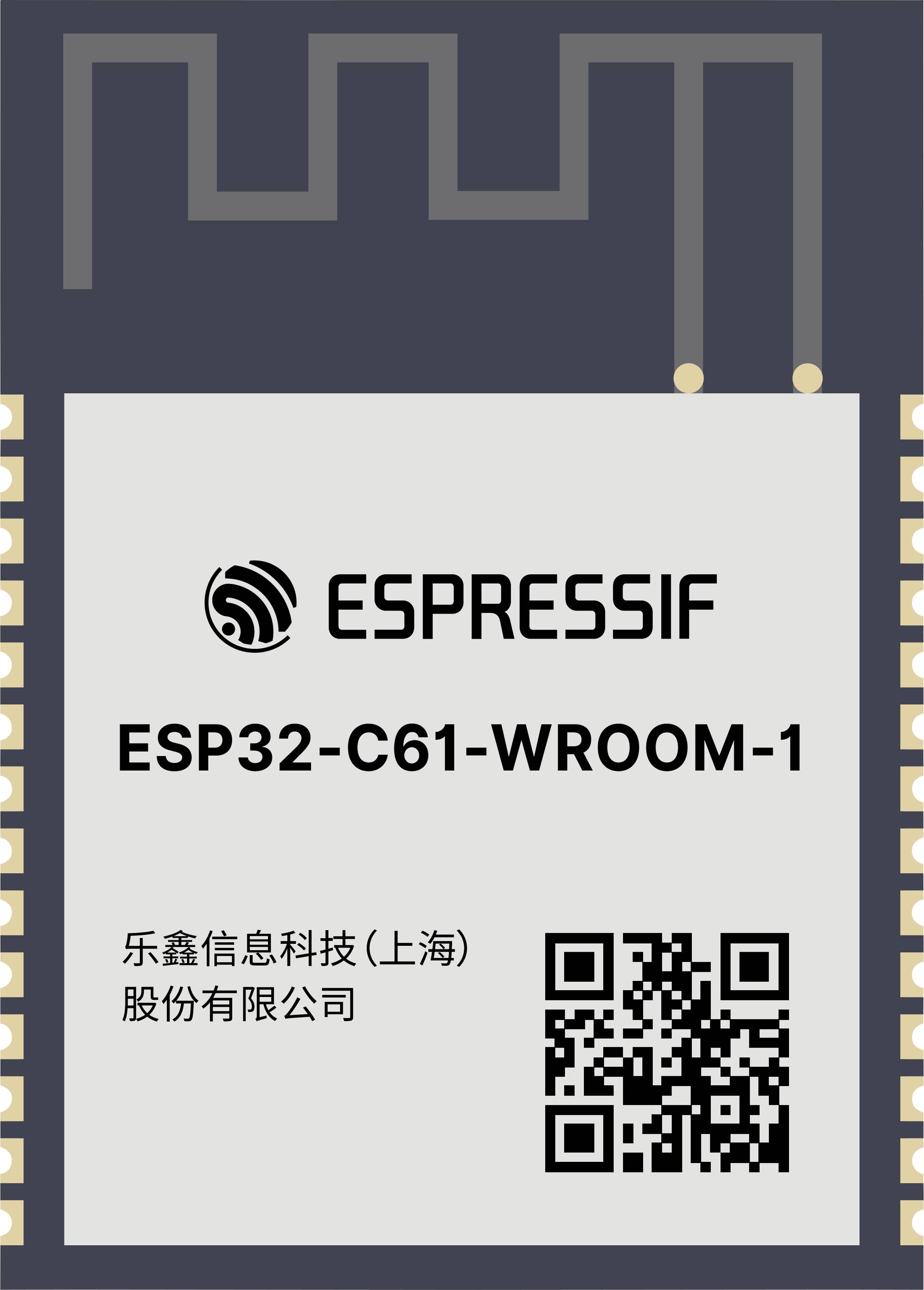 Modul "ESPRESSIF ESP32-C61-WROOM-1" s QR kódom. Mikročip určený na bezdrôtovú komunikáciu, zobrazený v technickej schematickom formáte.