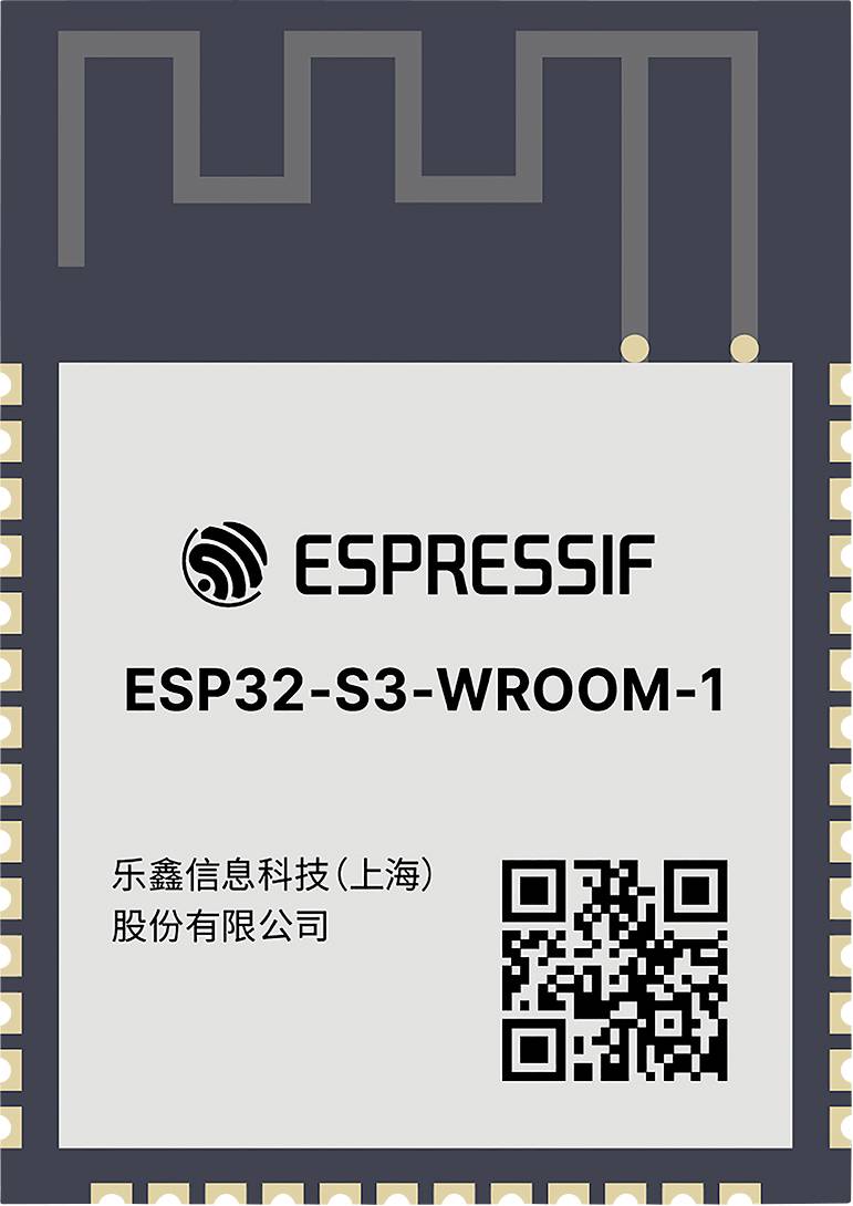 „ESPRESSIF ESP32-S3-WROOM-1" mikročip s logom, QR kódom a názvom spoločnosti v čínštine nižšie.