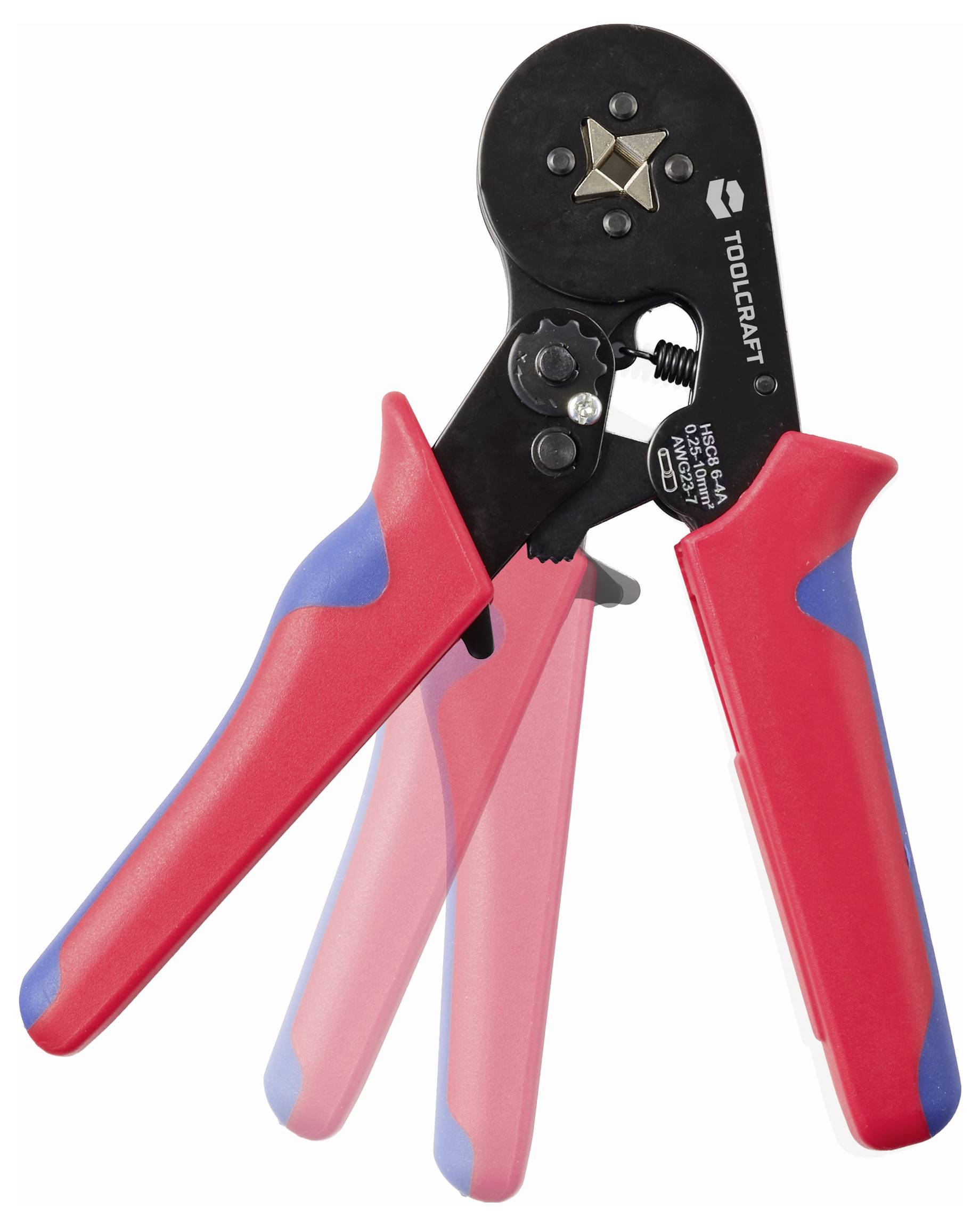 Červeno-modrý izolovaný rachietový nástroj na lisovanie s čiernymi čeľusťami, zobrazený na bielom pozadí.