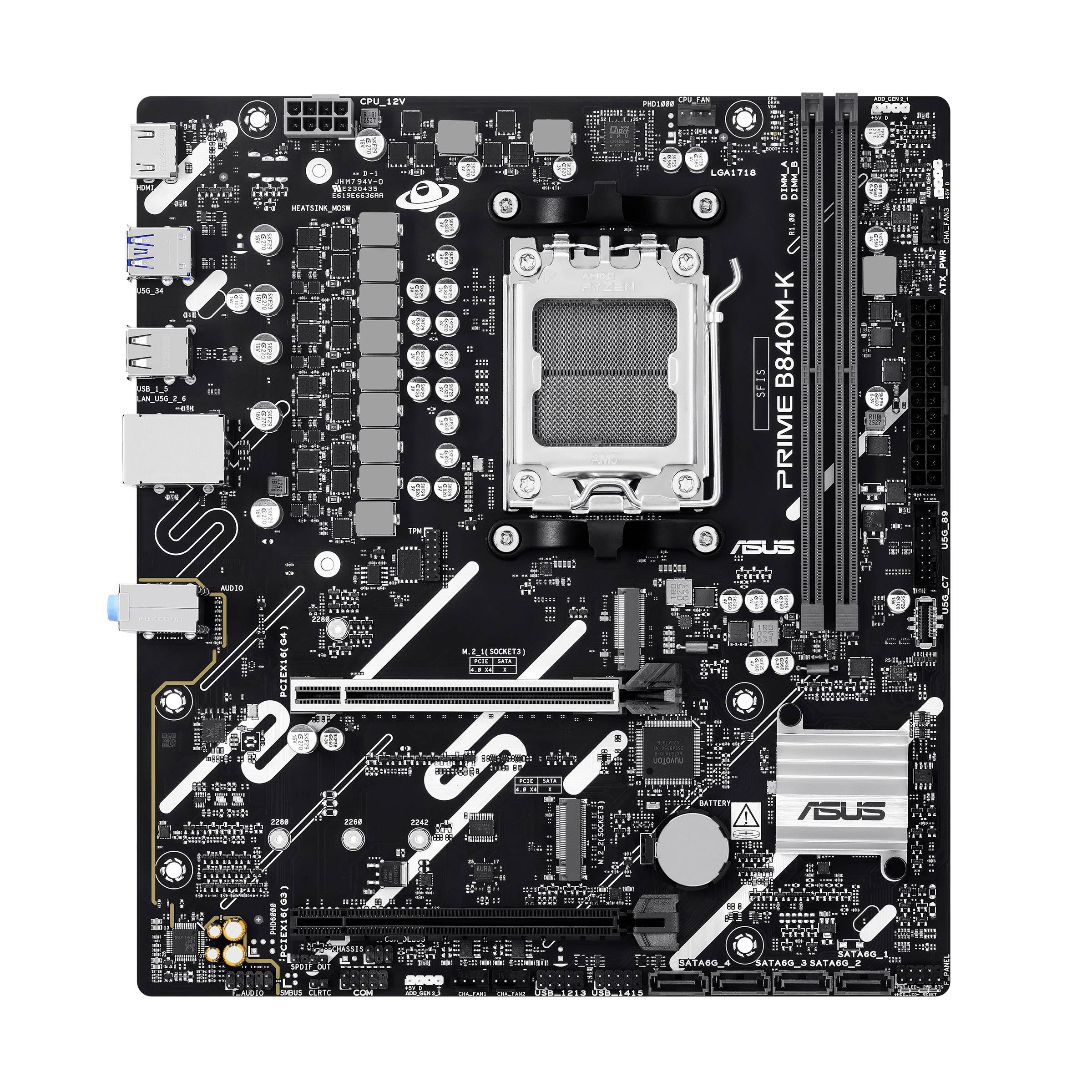 Čierna počítačová základná doska s označenými komponentmi a slotmi, vrátane socketu CPU, slotov RAM a rôznych konektorov. Viditeľná značka a model „ASUS Prime B460M-K".