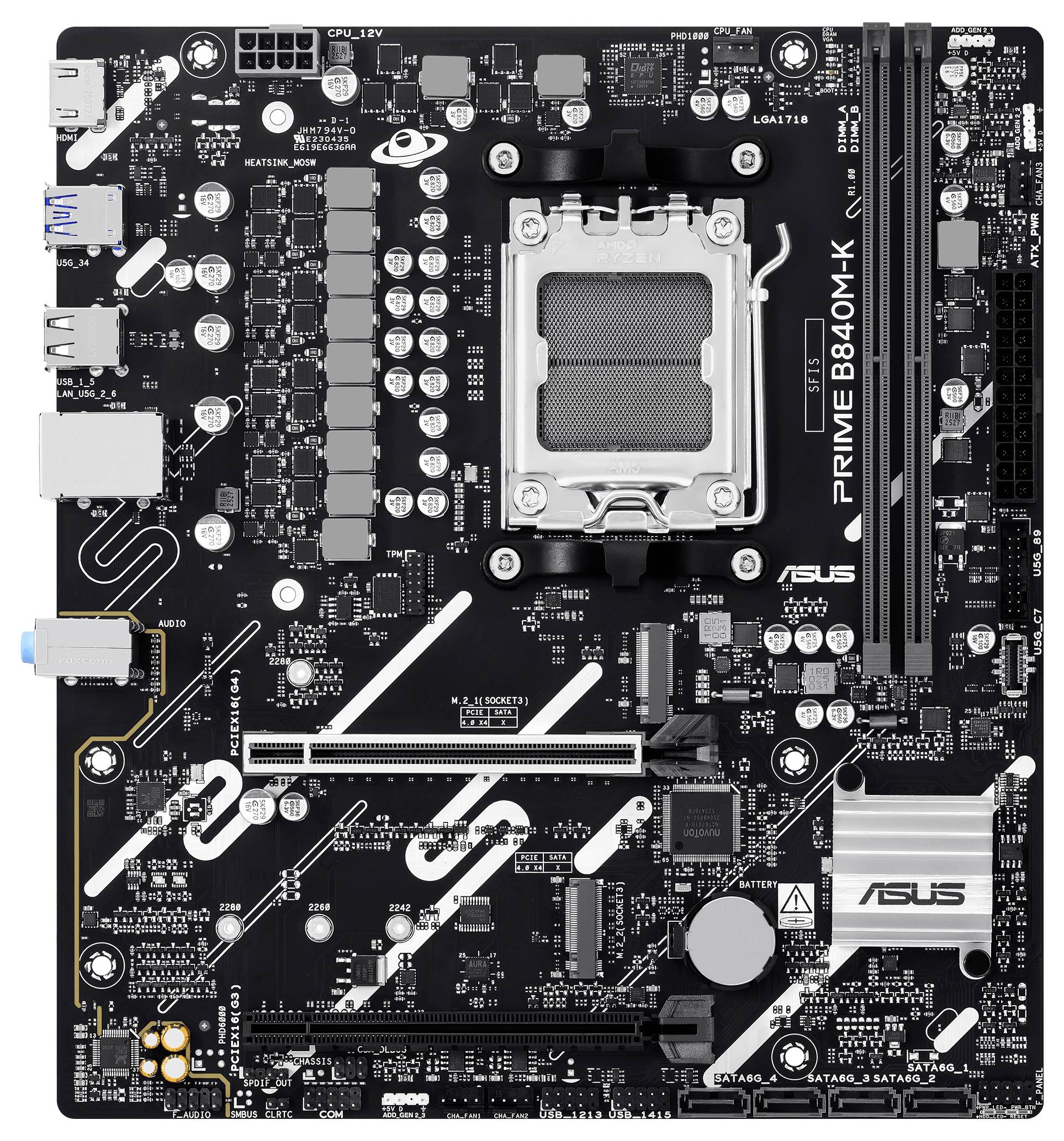 Základná doska ASUS PRIME B640M-K s PCIe slotmi, slotmi pre RAM a portmi na pripojenie a komponenty. Čierna s strieborným doplnkom.