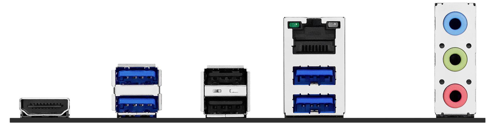 Porty na zadnom paneli počítačovej základnej dosky: port HDMI, porty USB, port Ethernet a audio zásuvky označené farbami.
