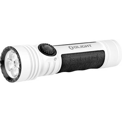 Biela a čierna ručná svietidla so štyrmi LED žiarovkami, textúrovanou rukoväťou a nápisom „Olight Seeker 4 Pro" na boku.
