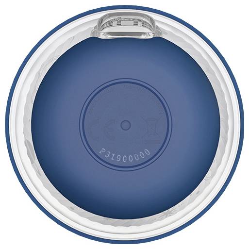 Pohľad zhora na okrúhly modrý disk vo vnútri čírej plastovej nádoby, ktorý má vytlačený kód „231900000".