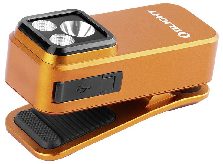 Oranžová klipsňa nabíjateľná LED pracovná lampa s tromi lampovými hlavicami a USB nabíjacím portom.