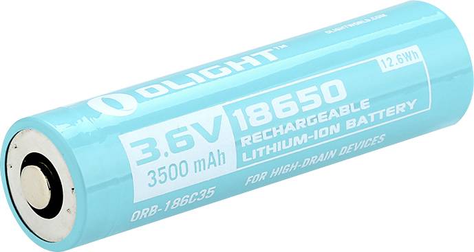 Tyrkysová nabíjateľná lítium-iónová batéria 18650 s napätím 3,6V a kapacitou 3500mAh.