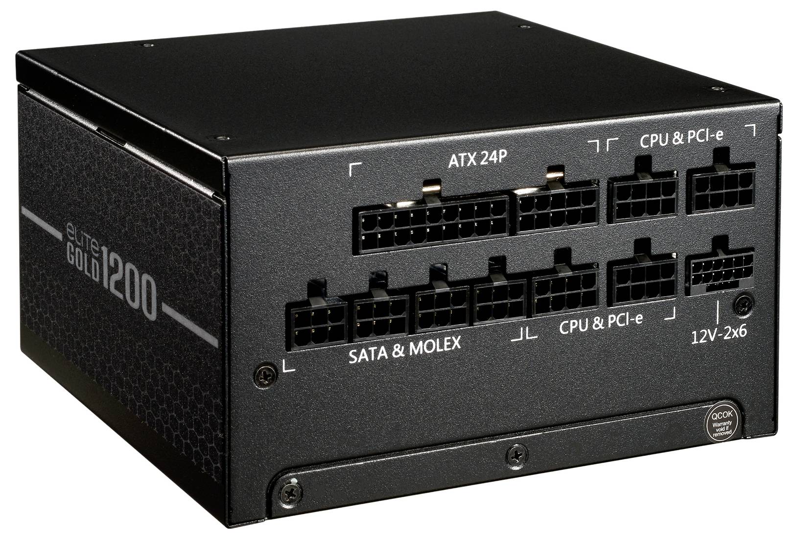 Čierna modulárna jednotka napájania označená "Super Gold 1200" s rôznymi výstupnými zásuvkami pre ATX 24P, CPU, PCI-e, SATA a Molex konektory.