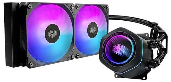 Počítačový systém kvapalného chladenia s dual RGB ventilátorom radiátora a osvetleným blokom čerpadla procesora, zobrazený so spojenými hadičkami a kabelmi.