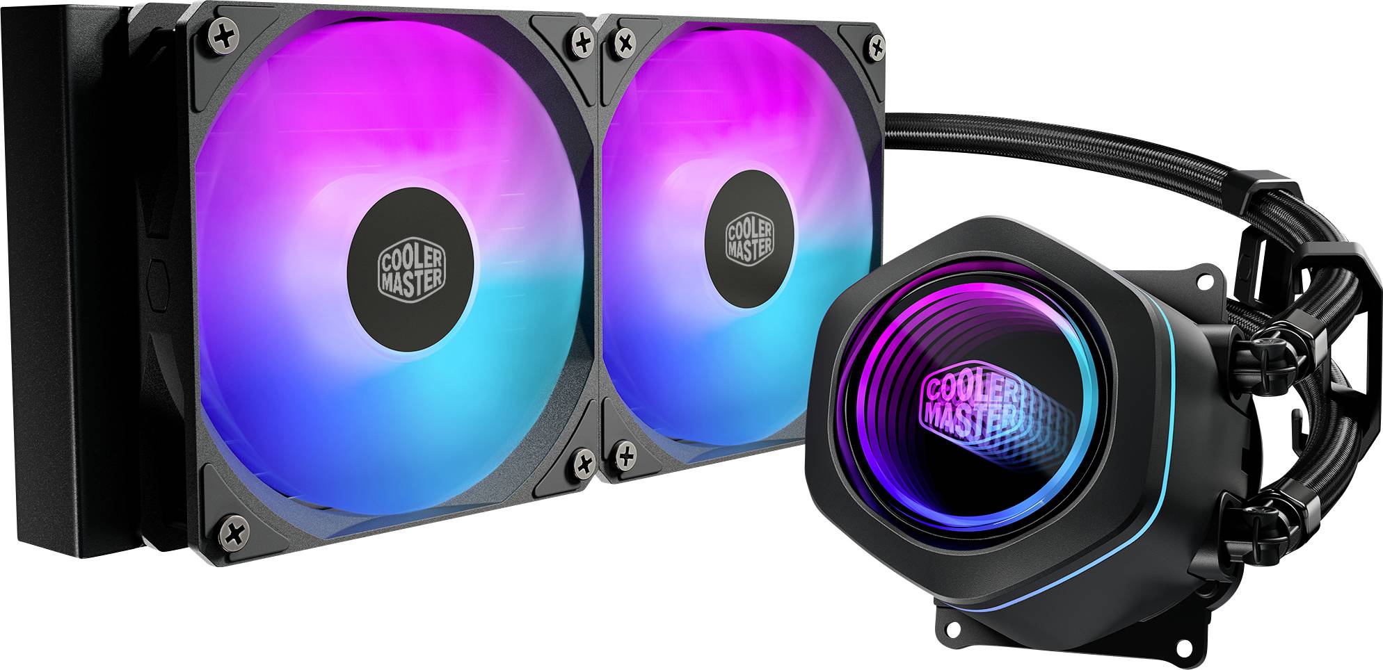 Cooler Master tekutinový chladič CPU s dvoma RGB ventilátorai a osvetleným blokom čerpadla na bielom pozadí.