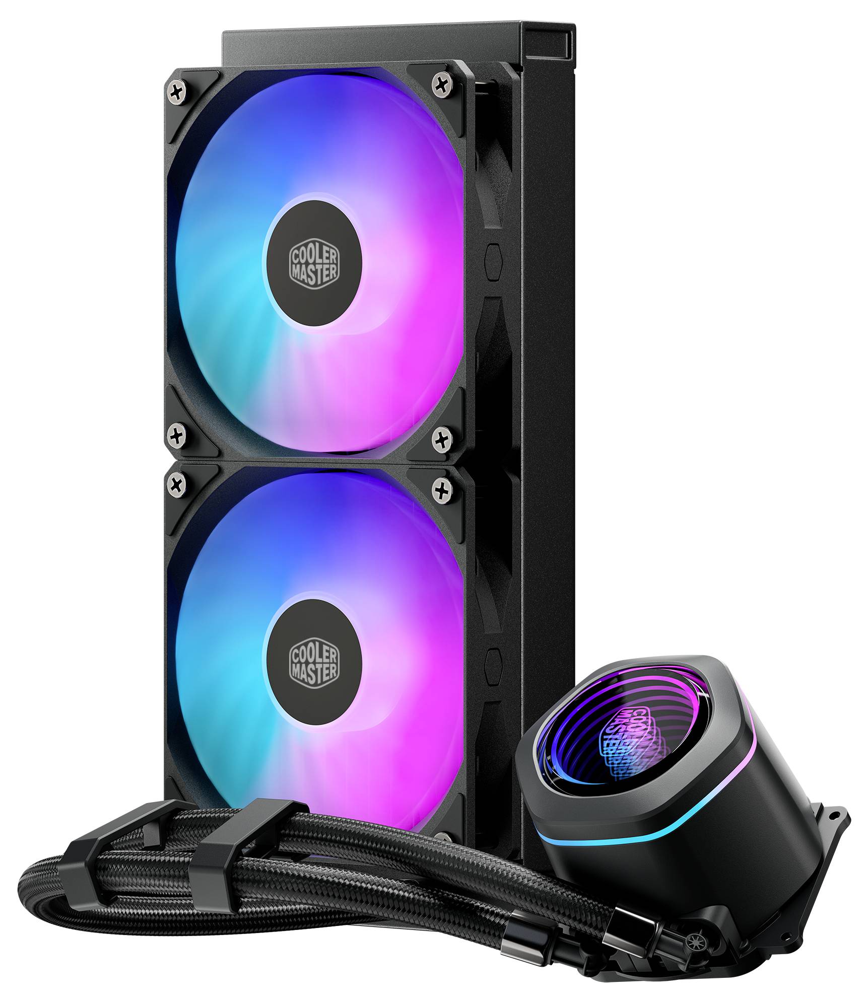 Dual RGB chladič CPU s kvapalinou s dvoma radiátorovými ventilámi, pletenými hadičkami a osvetleným blokom čerpadla na bielom pozadí.