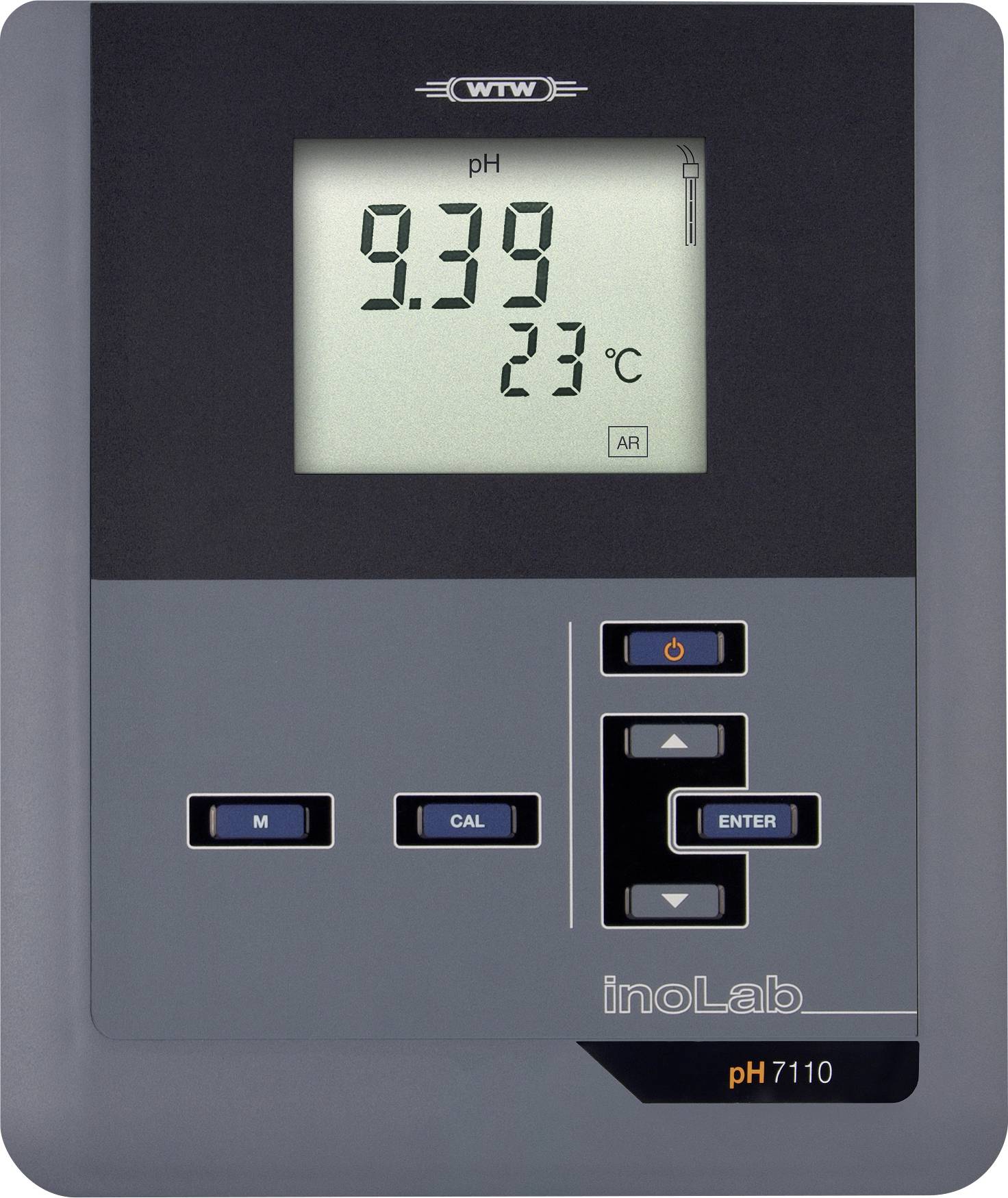 Digitálny pH meter zobrazujúci úroveň pH 9,39 a teplotu 23°C. Zariadenie má tlačidlá označené "M", "CAL" a "ENTER".