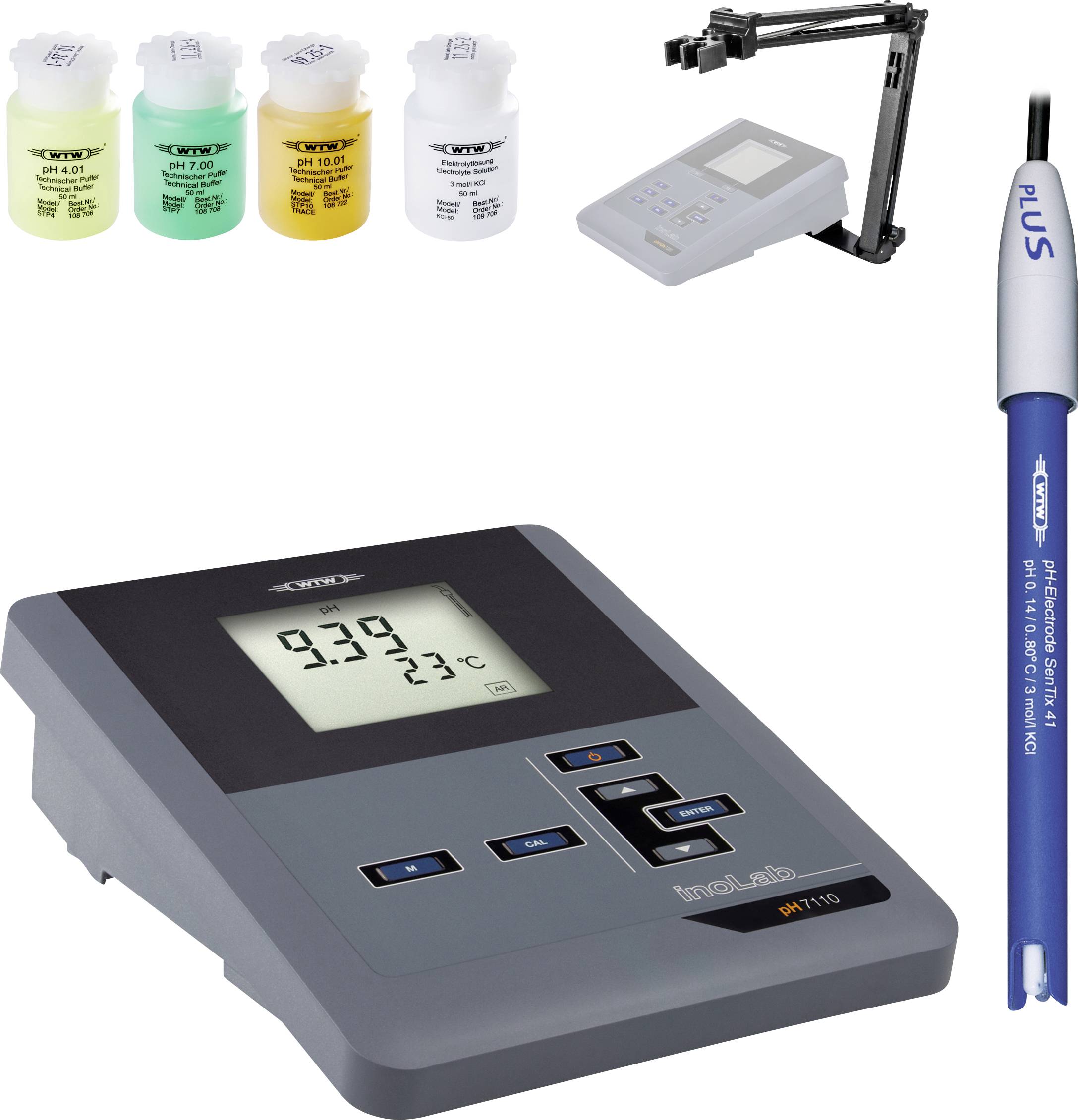 Súprava pH metra laboratória vrátane digitálneho pH metra s displejom, štyroch fliaš s puferným roztokom pH, stojanu na elektródu a pH elektródy.