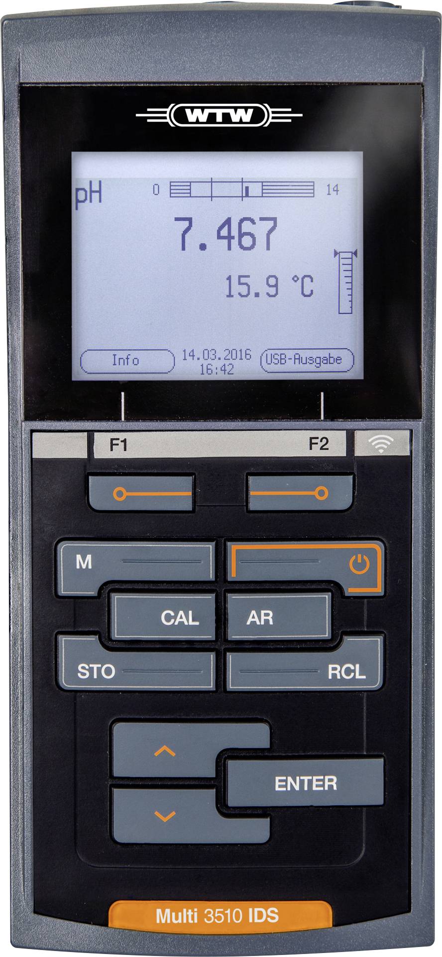 Digitálny pH meter zobrazujúci pH hodnotu 7,467 a teplotu 15,9°C. Zariadenie má niekoľko tlačidiel na obsluhu a kalibráciu.