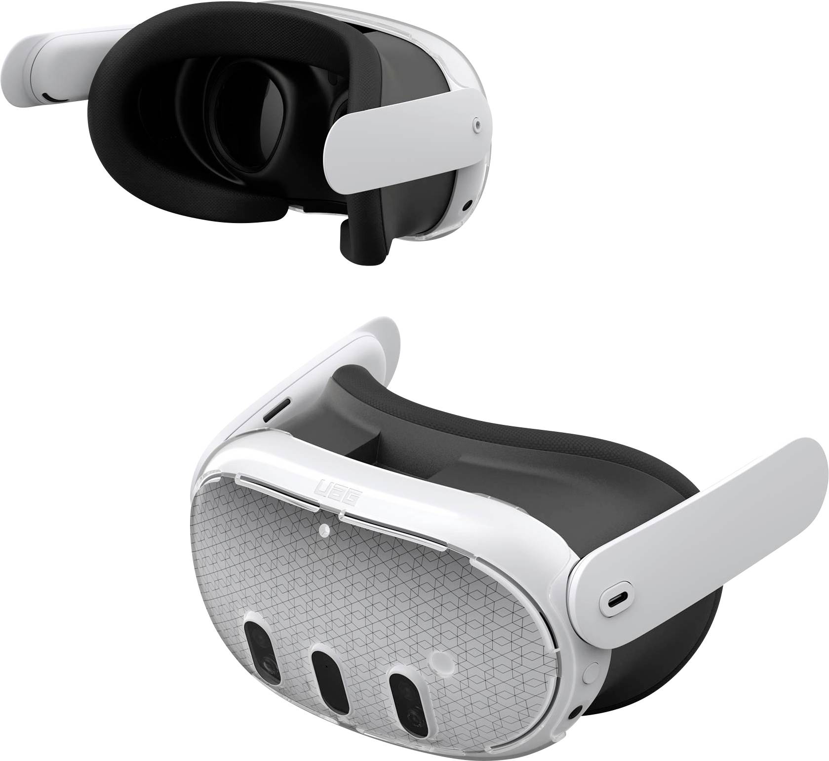 Dva biele VR headsety sú vystavené, jeden zobrazuje prednú stranu s šošovkami, druhý zobrazuje zadnú stranu s viditeľnými pripojeniami pásky.