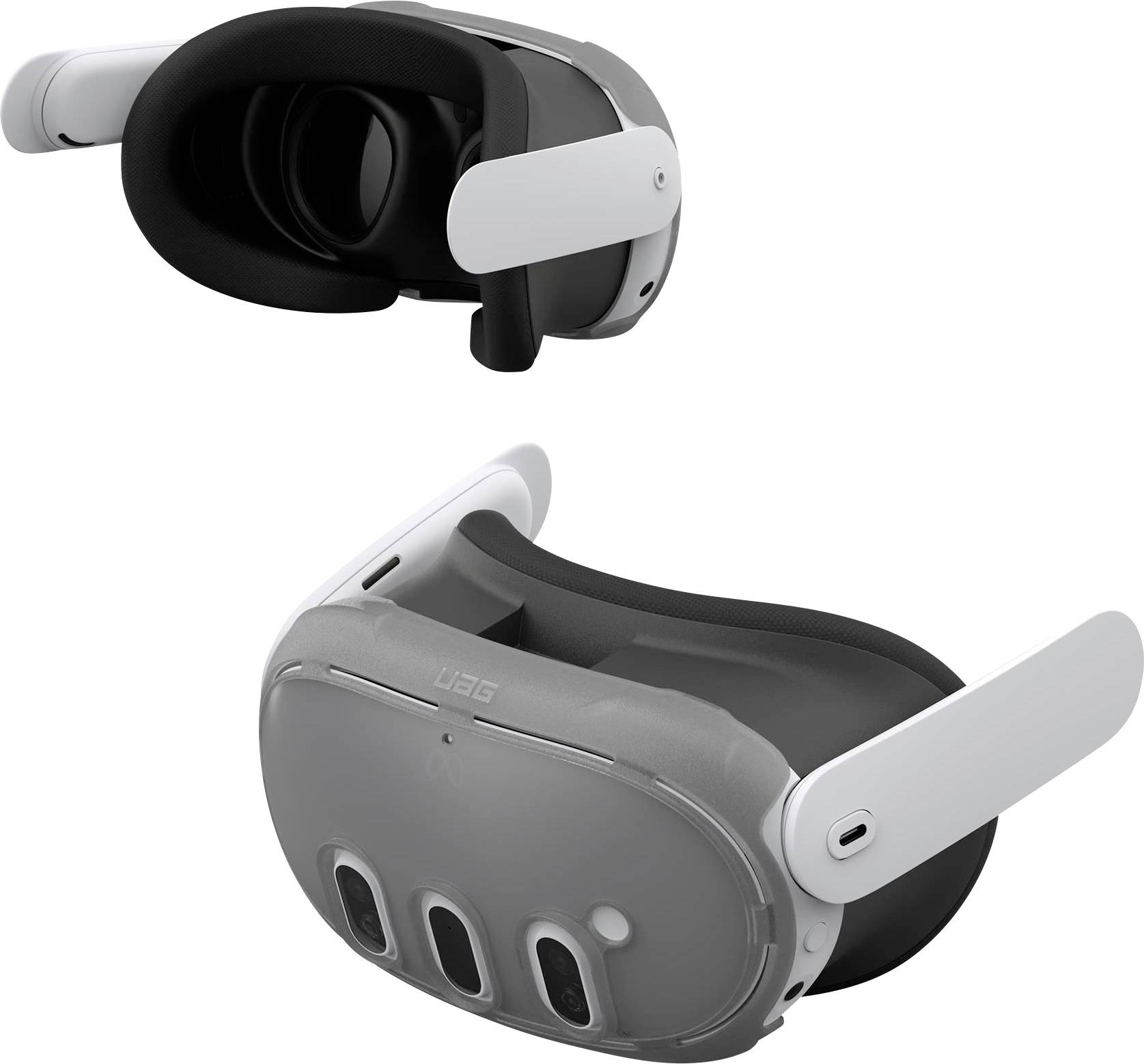 Headset virtuálnej reality s pohľadom spredu a zhora; funkcie zahŕňajú elegantný dizajn a viacnásobné otvorenia šošoviek pre pohlcujúci zážitok.