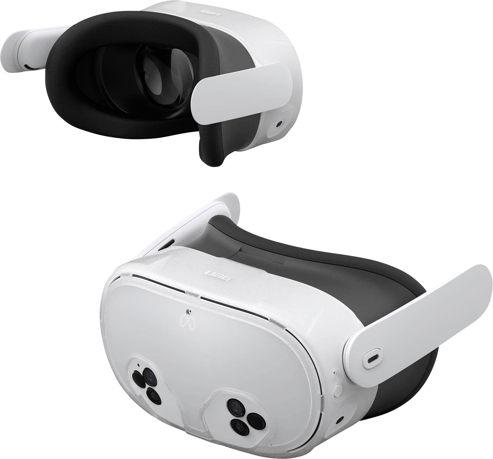 Biely headset virtuálnej reality s čiernym polstrovaním a kamerami na prednej strane, zobrazený z dvoch uhlov.