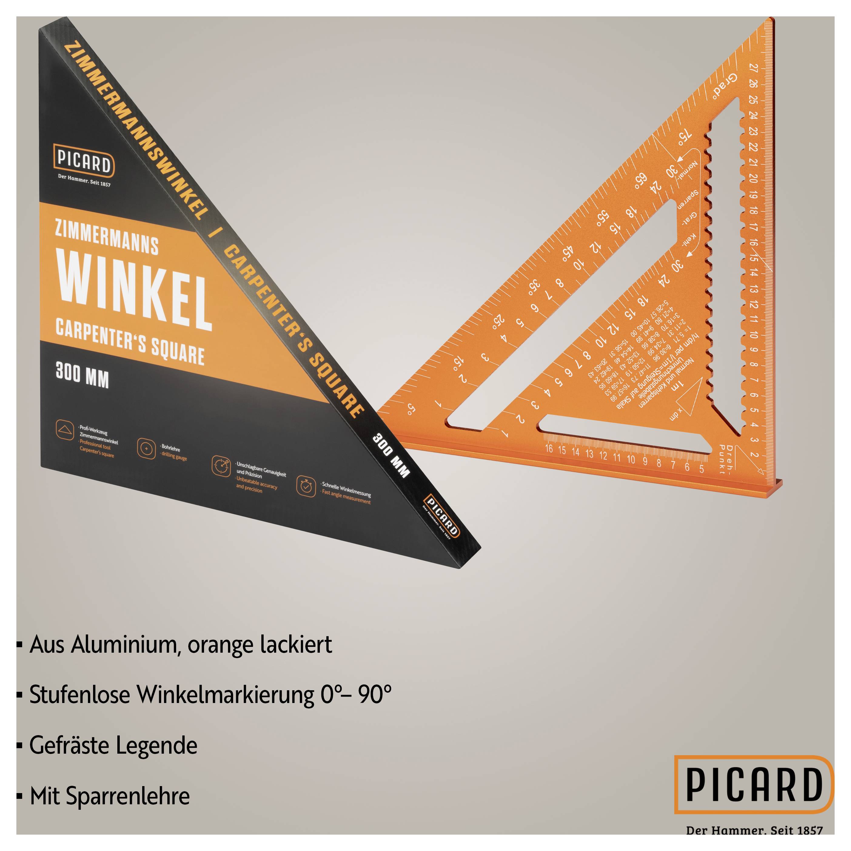 „Zimmermannswinkel" v oranžovej farbe, z hliníka, ukazuje uhlové značenia od 0° do 90°. Obsahuje krovnú meradlo a frézovanú legendu. Veľkosť 300 mm.