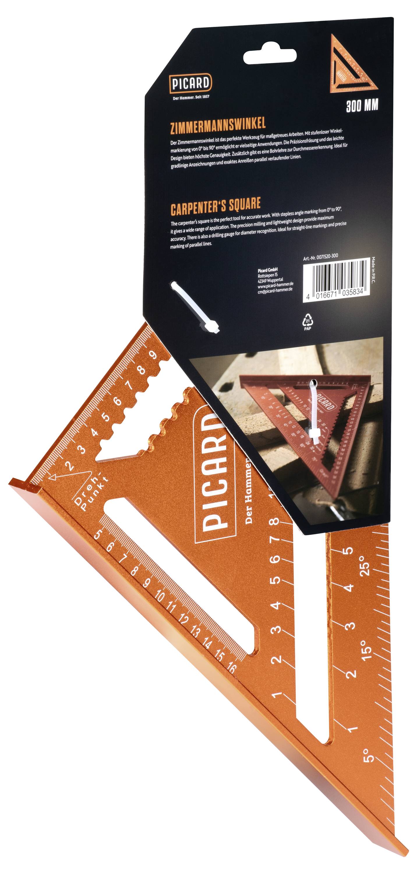 Oranžový tesárov uholník od značky Picard, označený v centimetroch a palcoch, používaný na meranie a označovanie uhlov. Obal zobrazuje obrázok produktu.