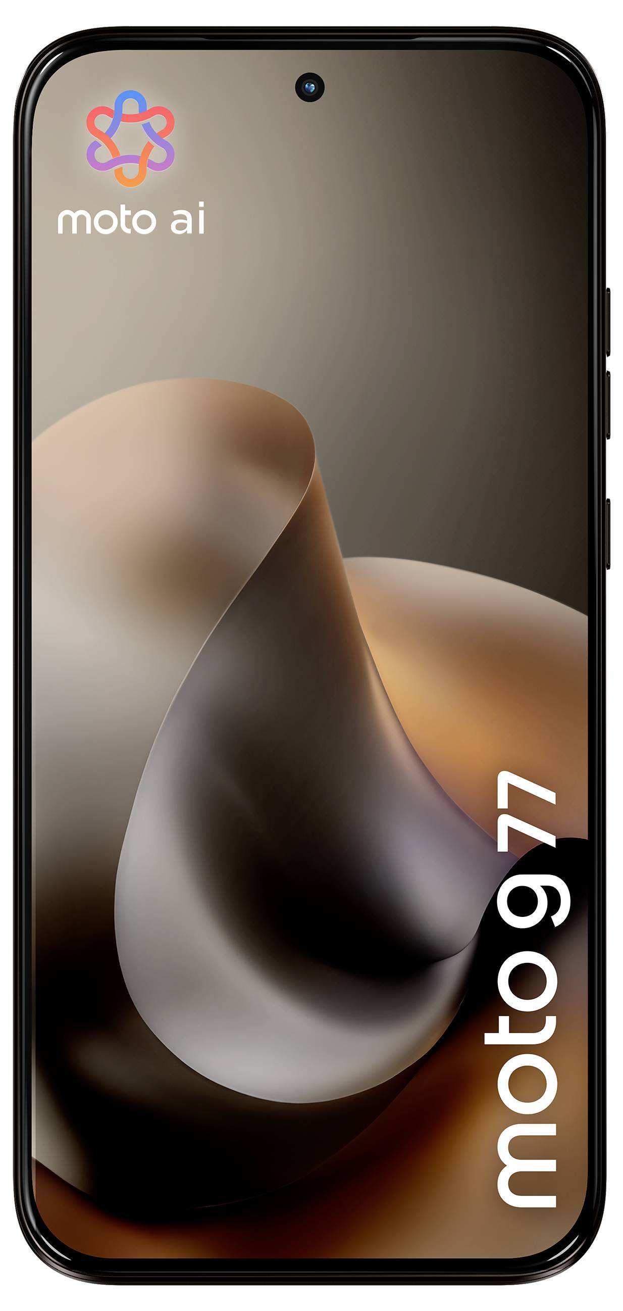 Smartphone zobrazujúci „moto g 77" na obrazovke s abstraktným víriacim sa dizajnom a logom „moto ai" v ľavom hornom rohu.