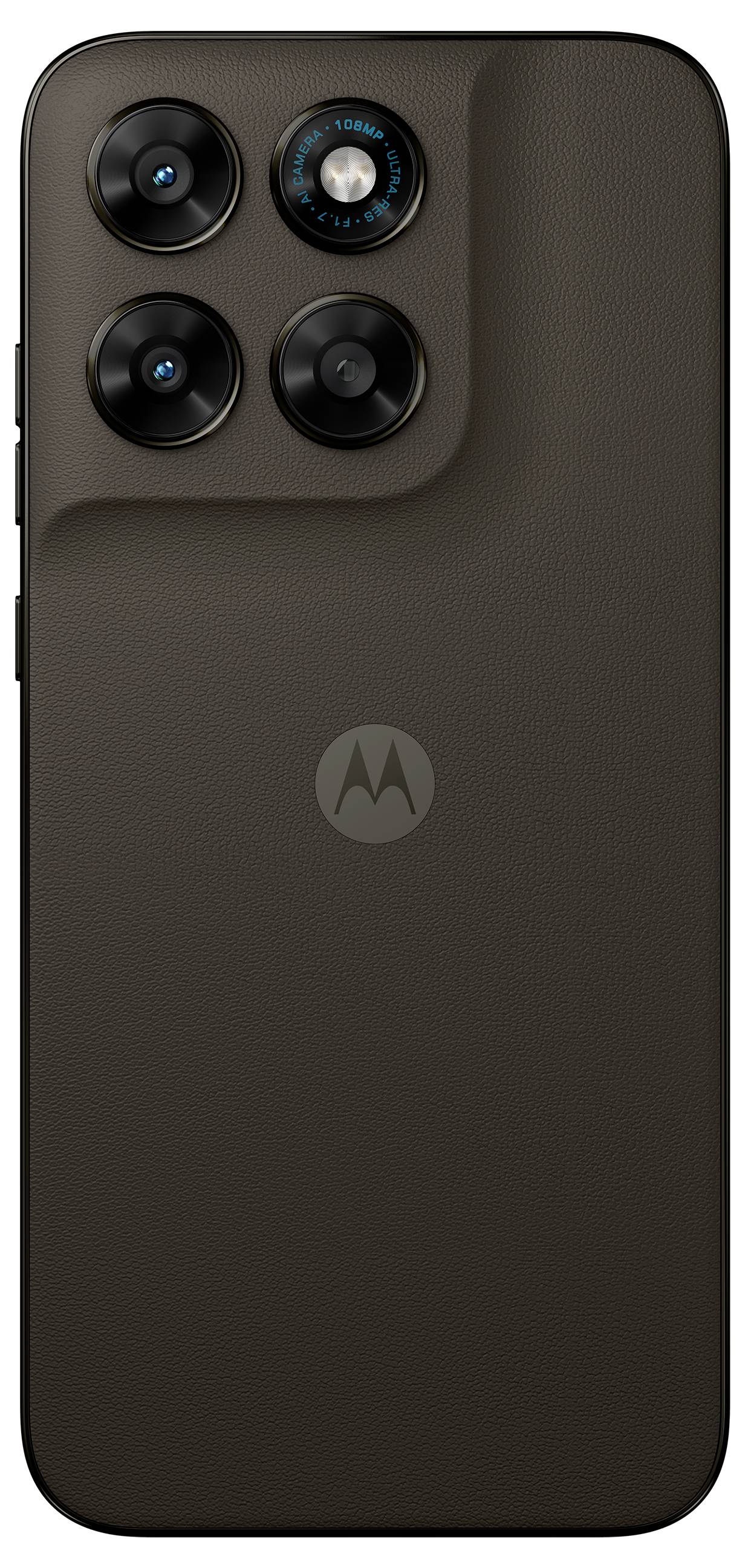 Smartphone s tromi zadnými kamerami a bleskom na hladkom, matnom zadnom povrchu. Logo Motorola v centre.