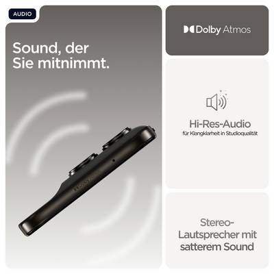 Smartfón s podporou Hi-Res Audio a Dolby Atmos, ponúka stereo-reproduktory pre bohatý zvuk. Text: Zvuk, ktorý vás vezme so sebou.