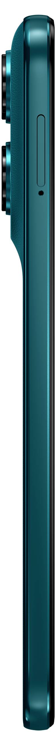 Bočný pohľad na tyrkysovo modrý smartfón zobrazujúci tri zadné fotoaparáty a tlačidlo napájania.