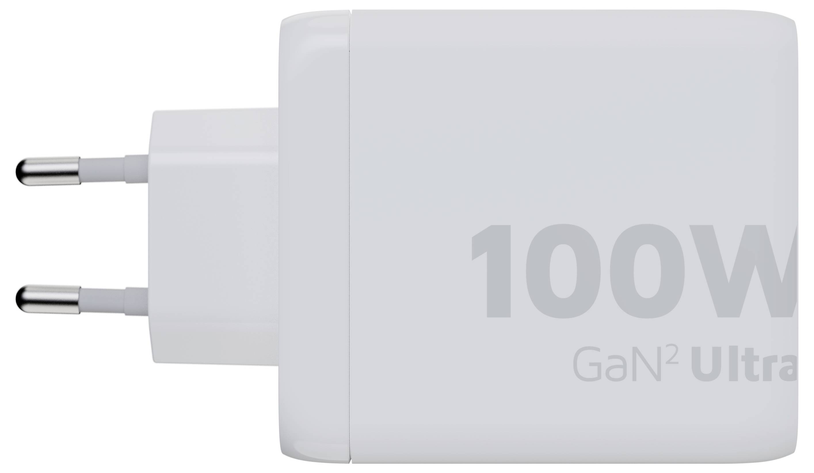 Biela nabíjačka 100W s USB-C a európskym zástrčkou, označená „100W GaN² Ultra".