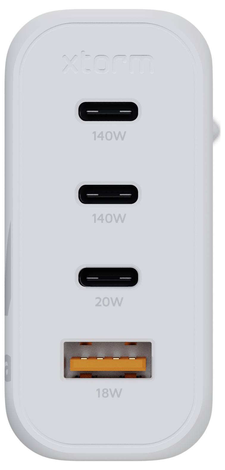 Biely napájací adaptér s tromi portami USB-C označenými "140W", "140W" a "20W" a jedným portom USB-A označeným "18W".