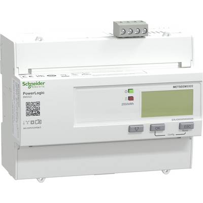 Elektrický energometer označený "Schneider Electric PowerLogic EM3322" s digitálnym displejom, tlačidlami na ovládanie a QR kódom.