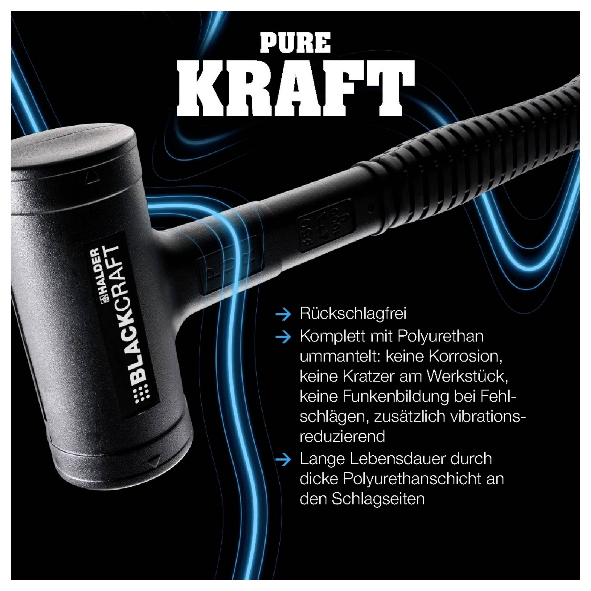 Kladivo s plastovým plášťom, značka 'Blackcraft', protišmykové, s nízkou vibráciou. Text: Bez spätného rázu, bez korózie alebo poškriabania. Dlhá životnosť.