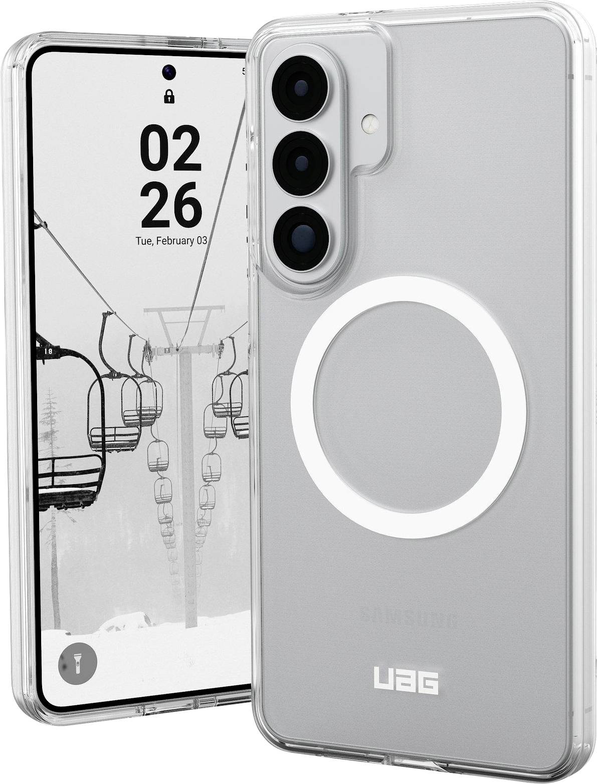 Priehľadný obal na telefón s dizajnom krúžku, ktorý umožňuje viditeľnosť zadnej strany Samsung telefónu a detailov fotoaparátu. Pozadie: obrazovka telefónu s čierno-bielou fotografiou lanovky, dátum „Útorok, 3. február."