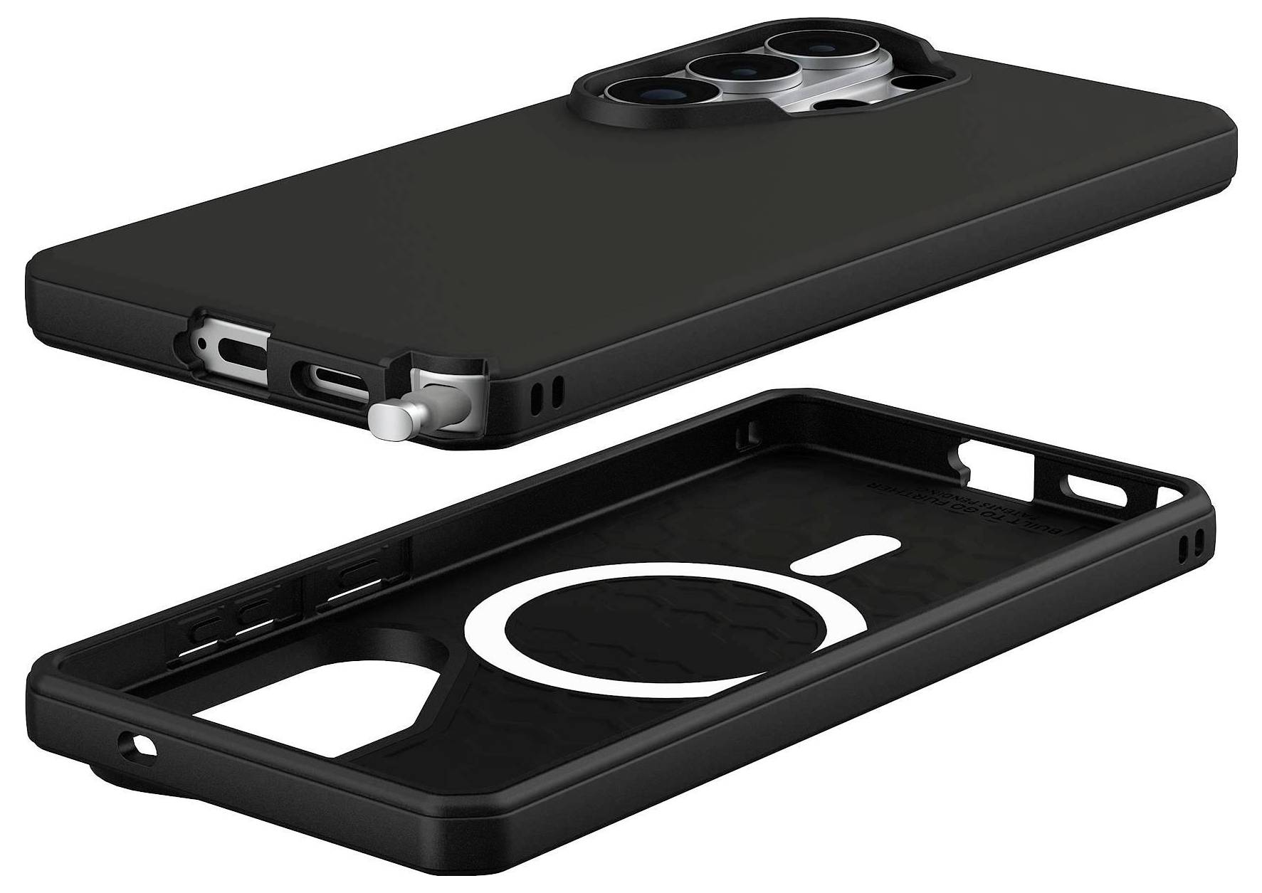 Dva samostatné čierne púzdra na smartphone s ochranou fotoaparátu a kruhový výrez na kompatibilitu s MagSafe.