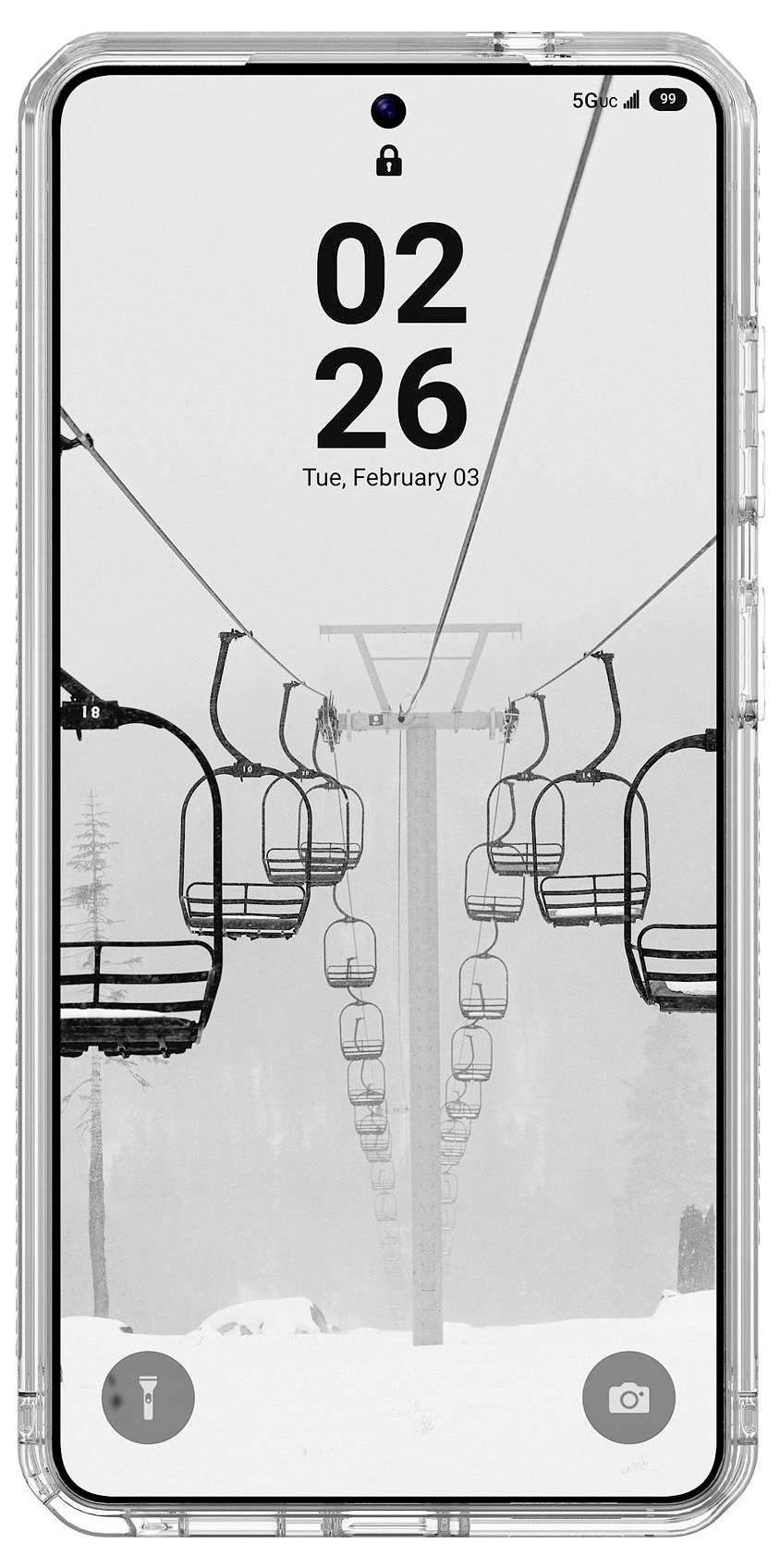 Smartfón zobrazujúci čiernobielu fotografie prázdnej lanovej dráhy. Obrazovka ukazuje '02:26' a dátum 'Ut, 3. február'.