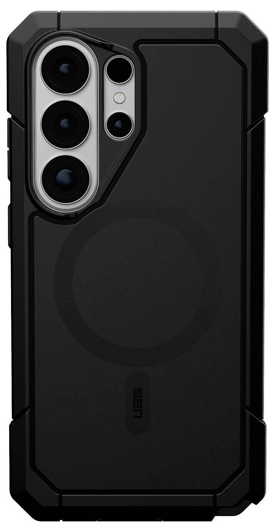 Čierny smartfón s odolným puzdrom vybaveným tromi objektívmi fotoaparátu a minimalistickým dizajnom pre zvýšenú ochranu.