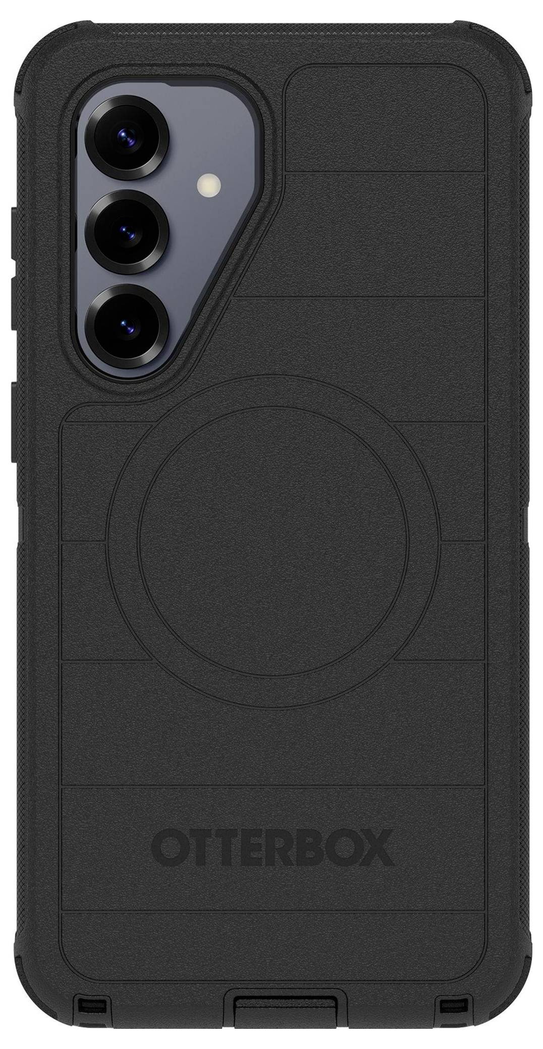 Čierny obal na telefón Otterbox s tromi výrezmi na objektívy fotoaparátu a kruhovou priehlbňou na zadnej strane, navrhnutý na ochranu a funkčnosť.