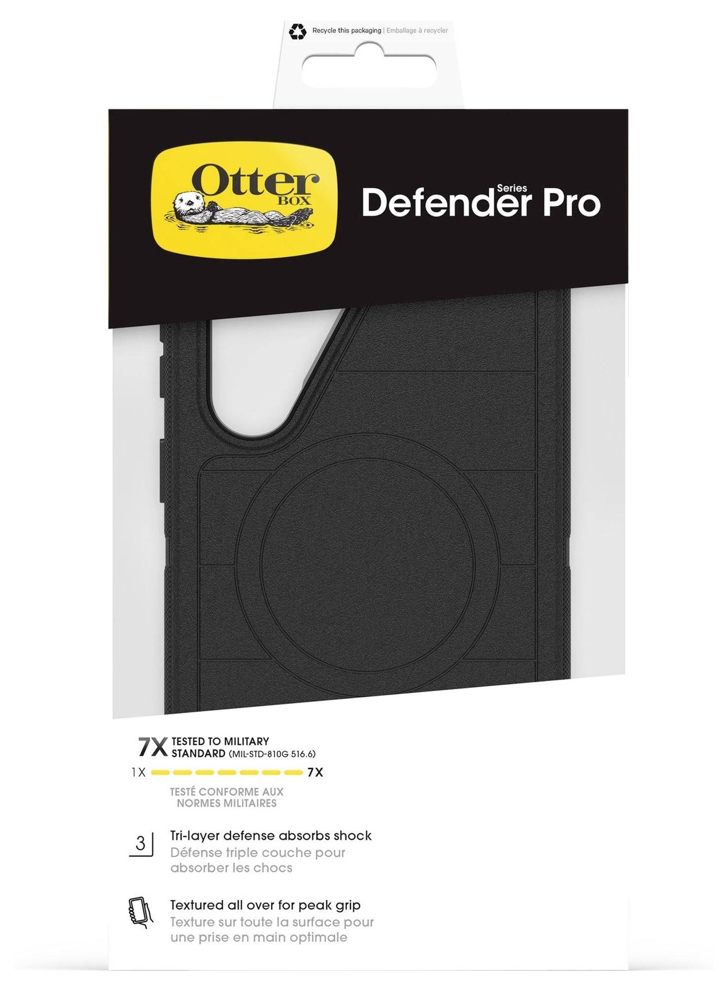 Balenie puzdra na telefón 'OtterBox Defender Pro' s vyznačením ochranných vlastností; obsahuje '7x Testované podľa vojenskej normy' a 'Textúrovaný povrch pre lepšiu úchopnosť.'