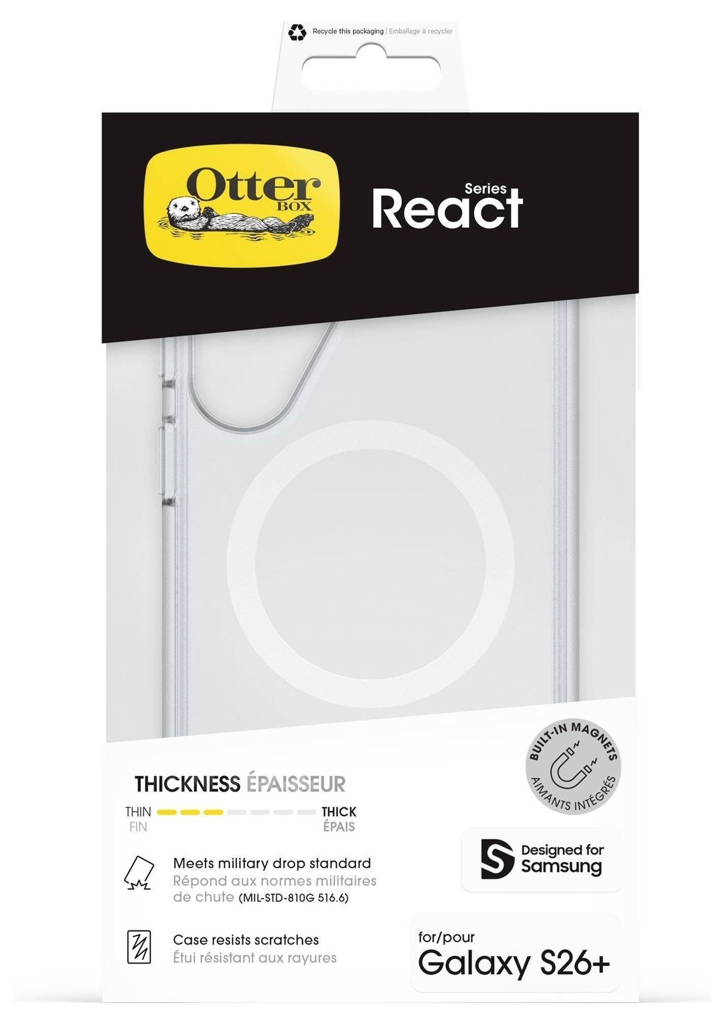 Balenie puzdra na telefón OtterBox React Series pre Galaxy S26+, s podporou MagSafe, súladom s vojenským štandardom pádu a odolnosťou voči poškriabaniu.