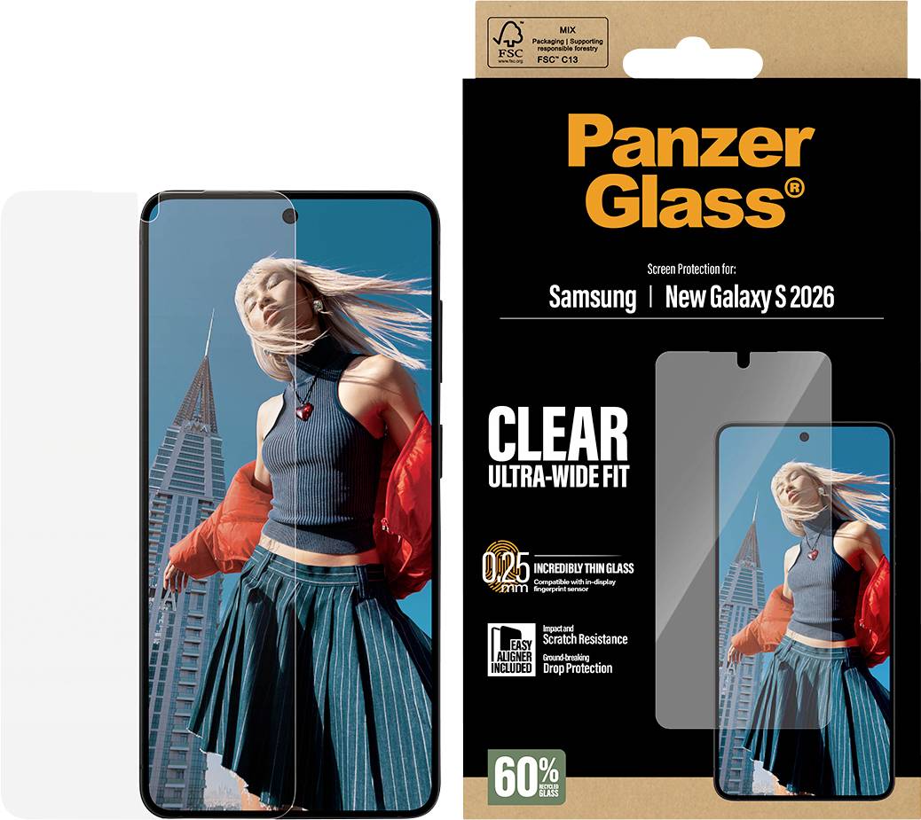Ochranný fólia na displej "Panzer Glass" pre Samsung Galaxy S 2026 s priehľadným ochranným sklom a obrázkom ženy v pohybe.
