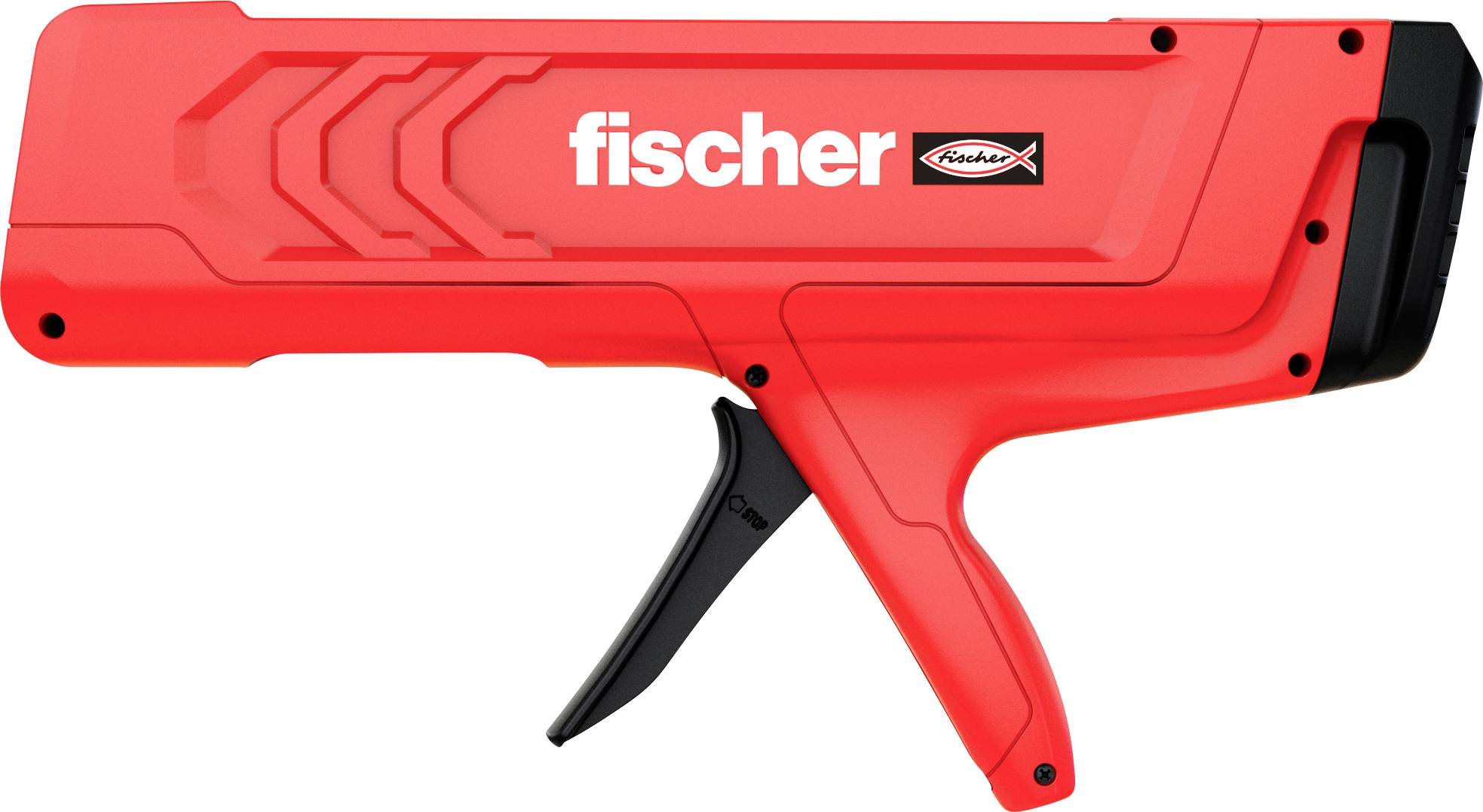 Červený nástroj Fischer označený ako "Fischer" a "hightech" určený na aplikácie upevňovania, s čiernou spúšťou a ergonomickou rukoväťou.