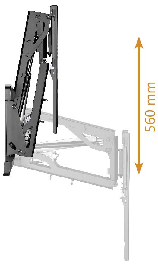 Stenový záchytný držiak vynorený o 560 mm vertikálne, zobrazený v dvoch polohách: rozšírený a zatiahnený.