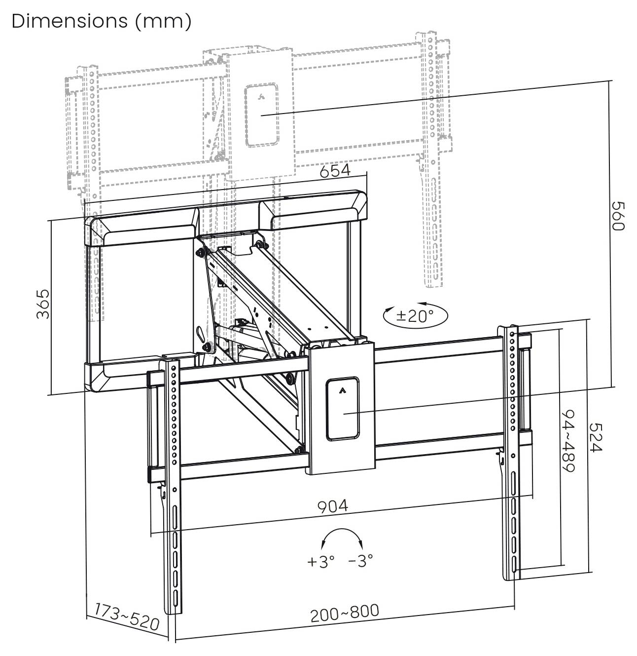 Diagram nastaviteľného nástenného držiaka televízora s rozmermi: šírka 904 mm, výška 560 mm, hĺbka 173–520 mm. Rozsah sklonu ±20°, rozsah otáčania ±3°.