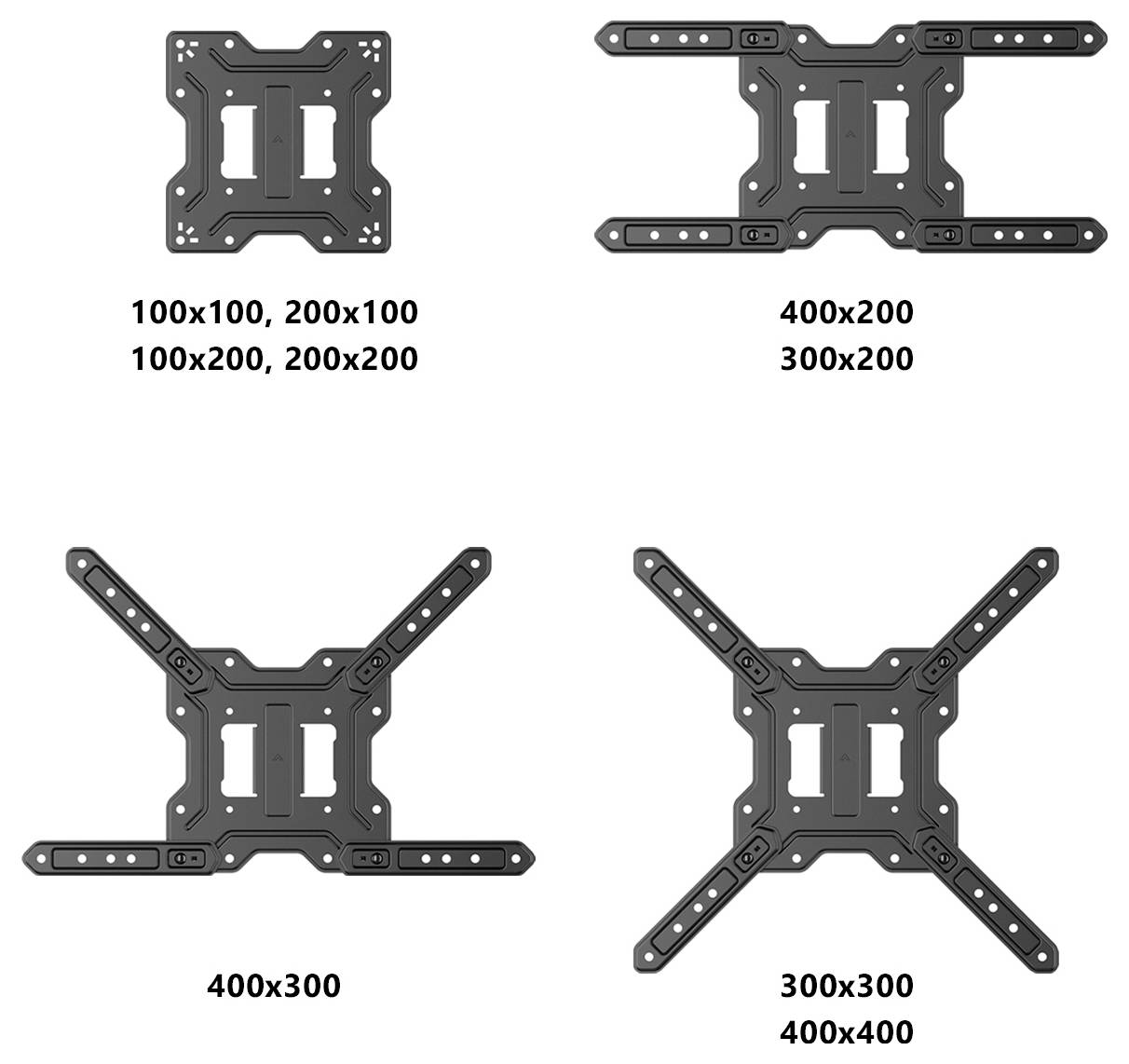 Štyri VESA upevňovacie konzoly na obrazovky, označené kompatibilnými rozmermi: '100x100, 200x100, 100x200, 200x200', '400x200, 300x200', '400x300', '300x300, 400x400'.