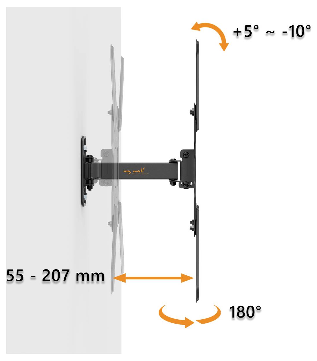 Diagram nástenného držiaka TV s nastaviteľným sklonom od +5° do -10°, dosahom od 55-207 mm, s 180° otočením.