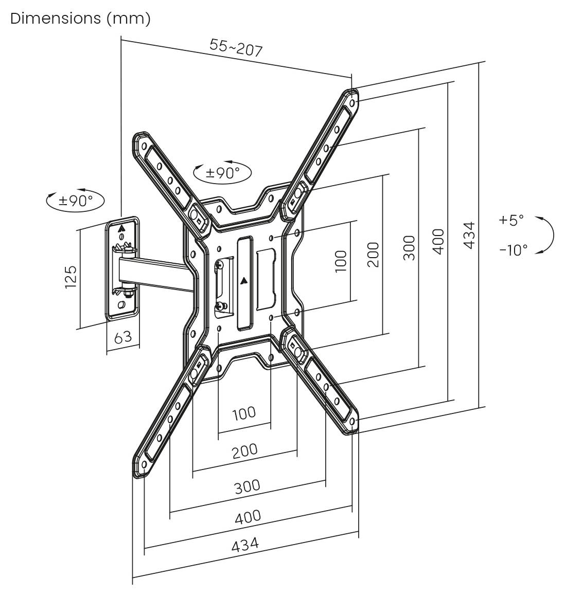 Diagram steny montážneho držiaka na TV, ktorý zobrazuje rozmery v milimetroch. Nastaviteľné uhly ±90° horizontálne a +5° až -10° vertikálne.
