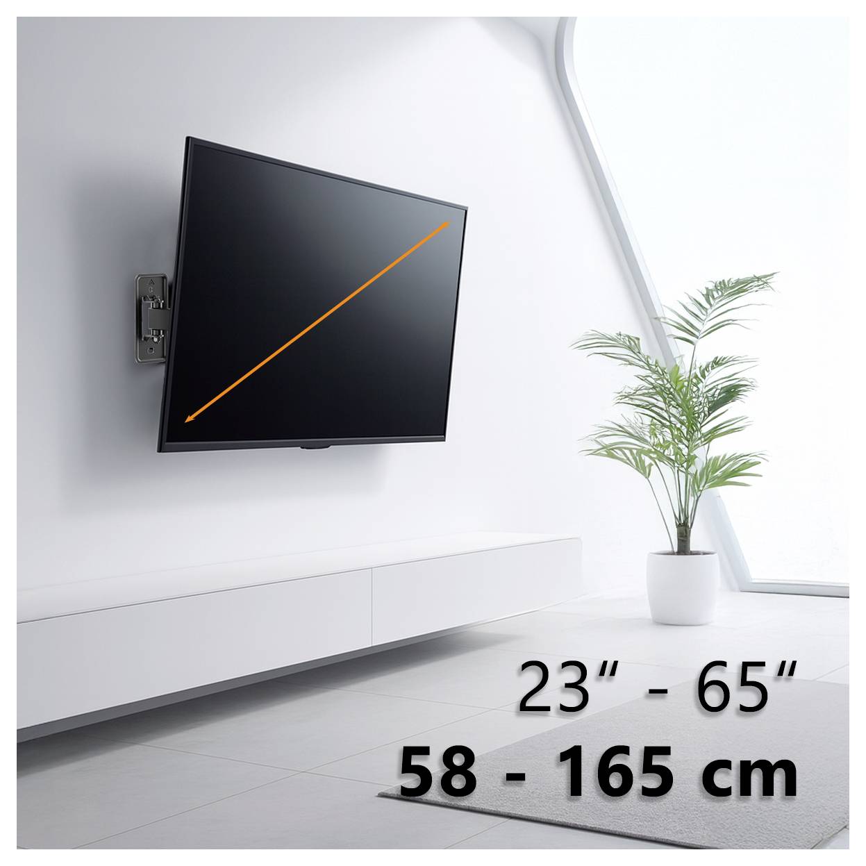 Televizor umiestnený na stene, regulovateľný medzi 23-65 palcami, 58-165 cm, sa nakláňa dopredu; neďaleko sa nachádza kvetináč v jasnej miestnosti.