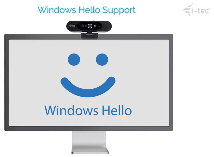 Monitor zobrazuje ikonu úsmevného tváre s textom „Windows Hello" pod ňou. Na vrchu je namontovaná webkamera. Nad ňou je napísané „Windows Hello Support".